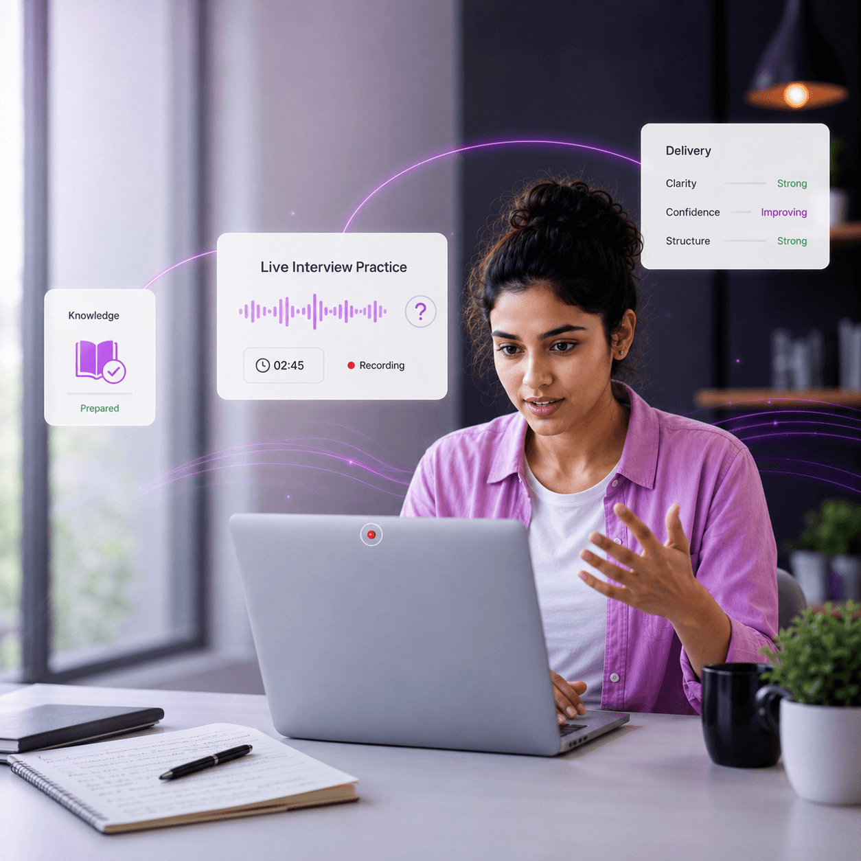 Live interview practice with real-time delivery feedback